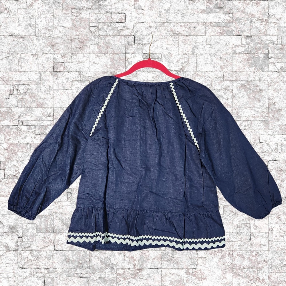 J.Crew Swing Blue Top Rickrack Trim L7449 Navy Puff Sleeve Blouse Womens XS NEW - Picture 2 of 6